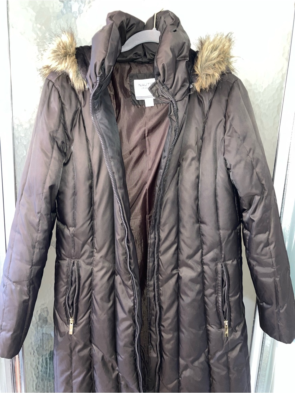 Nautica Women's Brown Quilted Hooded Puffer Long Coat with Faux Fur Trim
